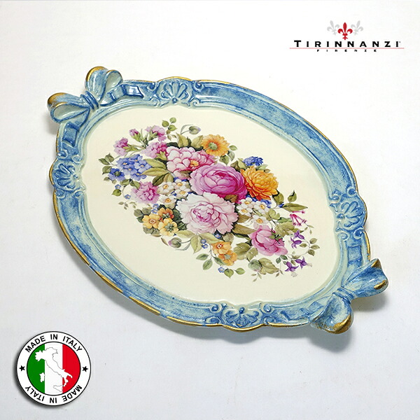 イタリア製 レジン トレイ 軽量 お盆 菓子盆 卓上用トレイ ヨーロッパ アンティーク調 ブルー 38cmX26cm ピオニー マリーゴールド フラワー柄 青 europe_plum isp-2123gi｜ヨーロッパインテリア　カサピース 7,977円