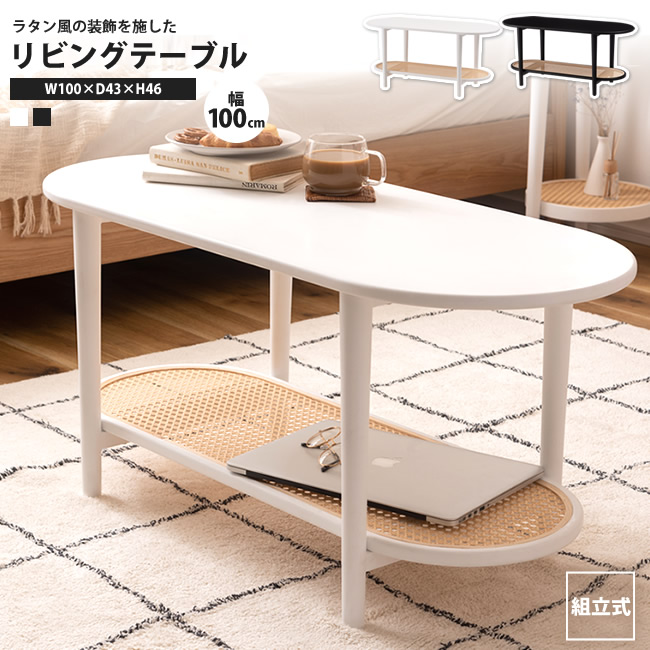 センターテーブル 幅100 おしゃれ リビング 楕円 棚付 ラタン風 机 北欧 PT-472BK/WH リビングテーブル|カーサリア 収納家具 ゴミ箱 寝具