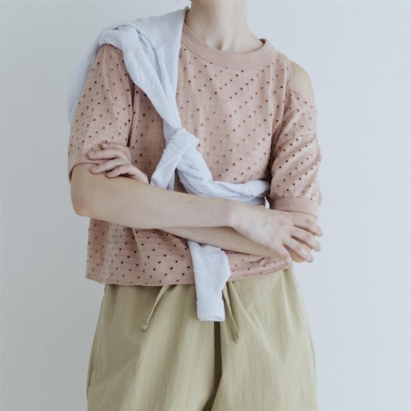 MEYAME / DOT HOLE JACQUARD TEE PINK メヤメ ティーシャツ レディースファッション-トップス-Tシャツ・カットソー