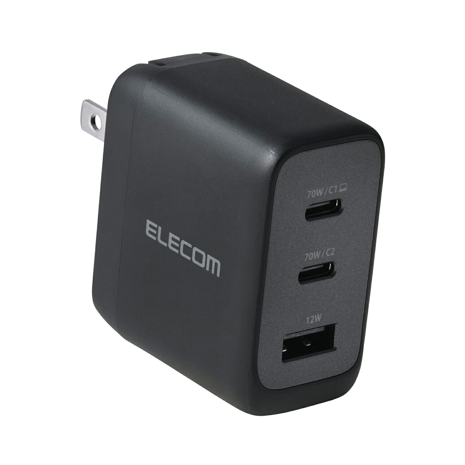 ELECOM（エレコム）USB 充電器 70W PD PPS対応 3ポート USB-C ×2 USB-A GaN II コンパクト AdjustCharge 折りたたみプラグ PSE適合 MacBook iPad iPhone Switch 対応 ブラック ACDC-PD12770BK