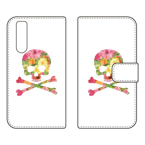 手帳型スマートフォンケース Flower skull ホワイト design by ROTM Xperia 10 V SOG11 SO-52D A302SO XQ-DC44 SECOND SKIN ケース カバー スマホケース 送料無料 耐衝撃 プリント 保護 衝撃吸収