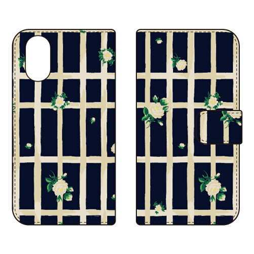 手帳型スマートフォンケース SINDEE 「Flower Grid （ネイビー）」 Xperia 5 V SOG12 SO-53D XQ-DE44 SECOND SKIN ケース カバー スマホケース 送料無料 耐衝撃 プリント 保護 衝撃吸収
