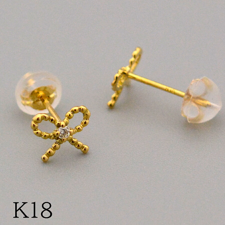クラシックリボンスタッドピアスダイヤモンドK18イエローゴールド｜CASHO