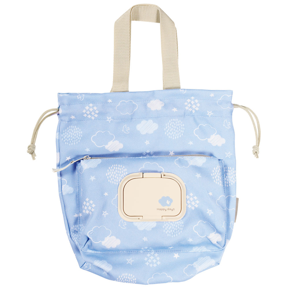 おしり 拭き ポケット 付き おむつ 巾着　Happy Days ハッピー デイズ　ベビー グッズ 便利 携帯 入れ おでかけ お散歩 かわいい 【空 雲 鳥 星 柄 KBOPC1 4973307578298 スケーター】画像