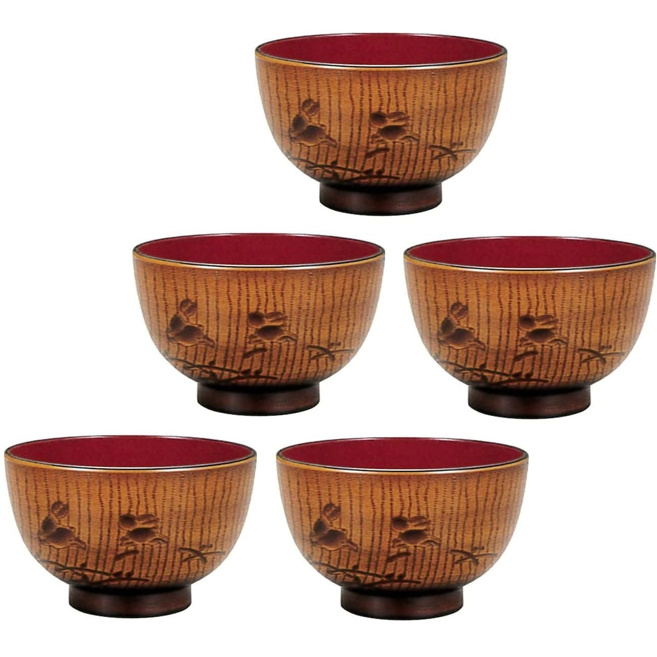 山中漆器 山中塗 レンジ対応 木目うさぎ彫丼 (黄杢) ・家庭用電子レンジ・家庭用食洗機対応(5客組)