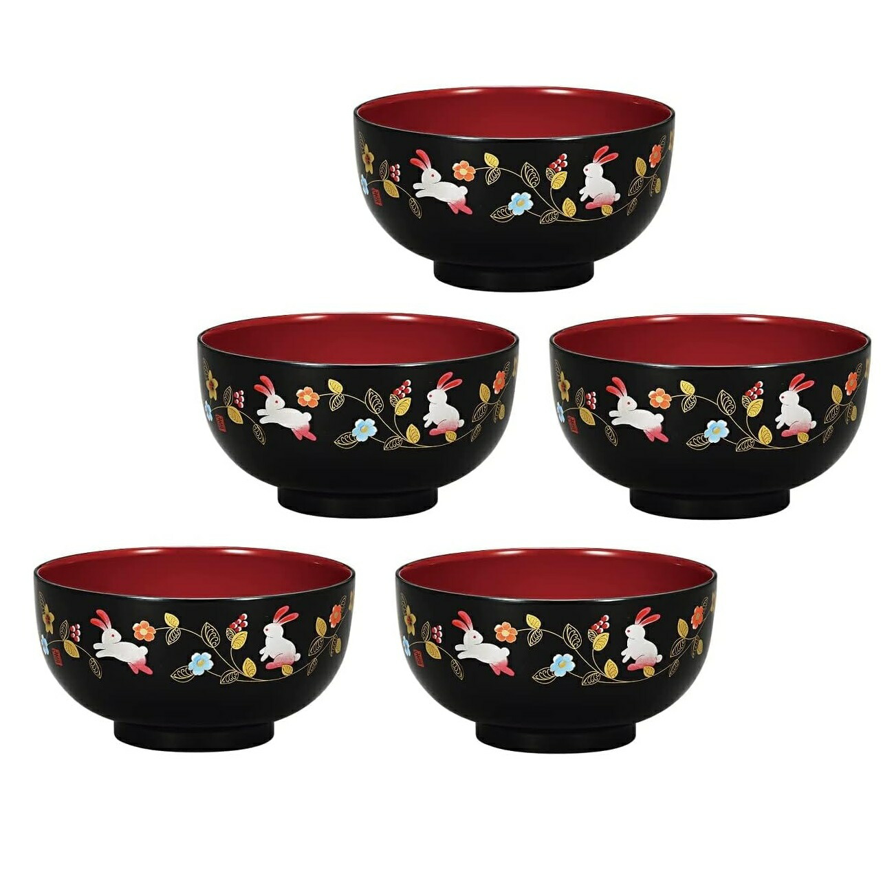 山中漆器 山中塗 レンジ対応 ほてい丼 花の小路 (黒)・家庭用電子レンジ・家庭用食洗機対応(5客組)