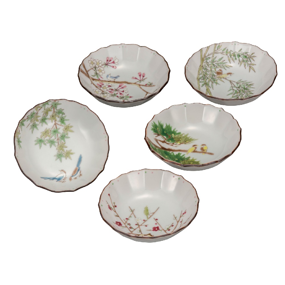 日本の伝統工芸品【九谷焼】3.8号小鉢揃 小鳥春秋(5客組)|虹八-Kohya-