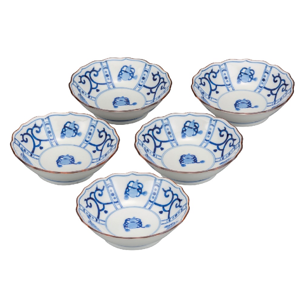 日本の言い慣わし芸術品【九谷焼】4.2号小鉢揃 染付宝尽くし（5客組）