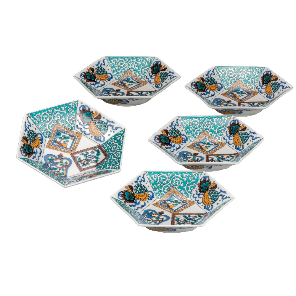 日本の言い慣わし芸術品【九谷焼】6号小鉢揃 彩画宝紋（5客組）