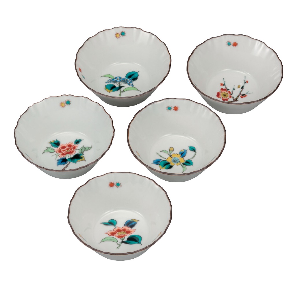 日本の伝統工芸品【九谷焼】3.5号小鉢揃 草花絵変り（5客組）｜虹八-Kohya-