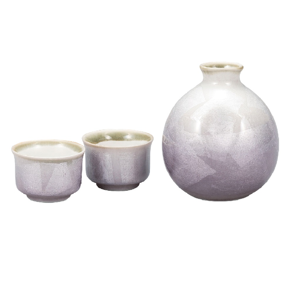 日本の伝統工芸品【九谷焼】晩酌揃 銀彩紫(徳利1本・盃2個入)|虹八-Kohya-