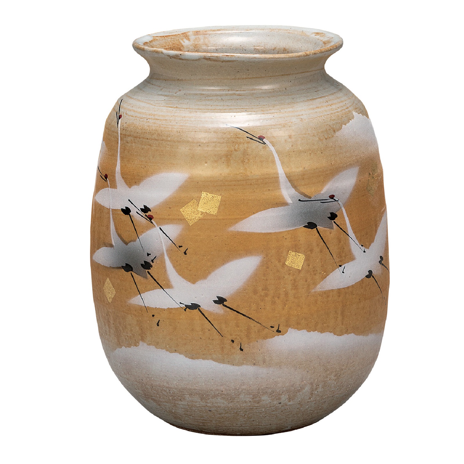 日本の伝統工芸品【九谷焼】7.5号花瓶 金箔群鶴 山田登陽志