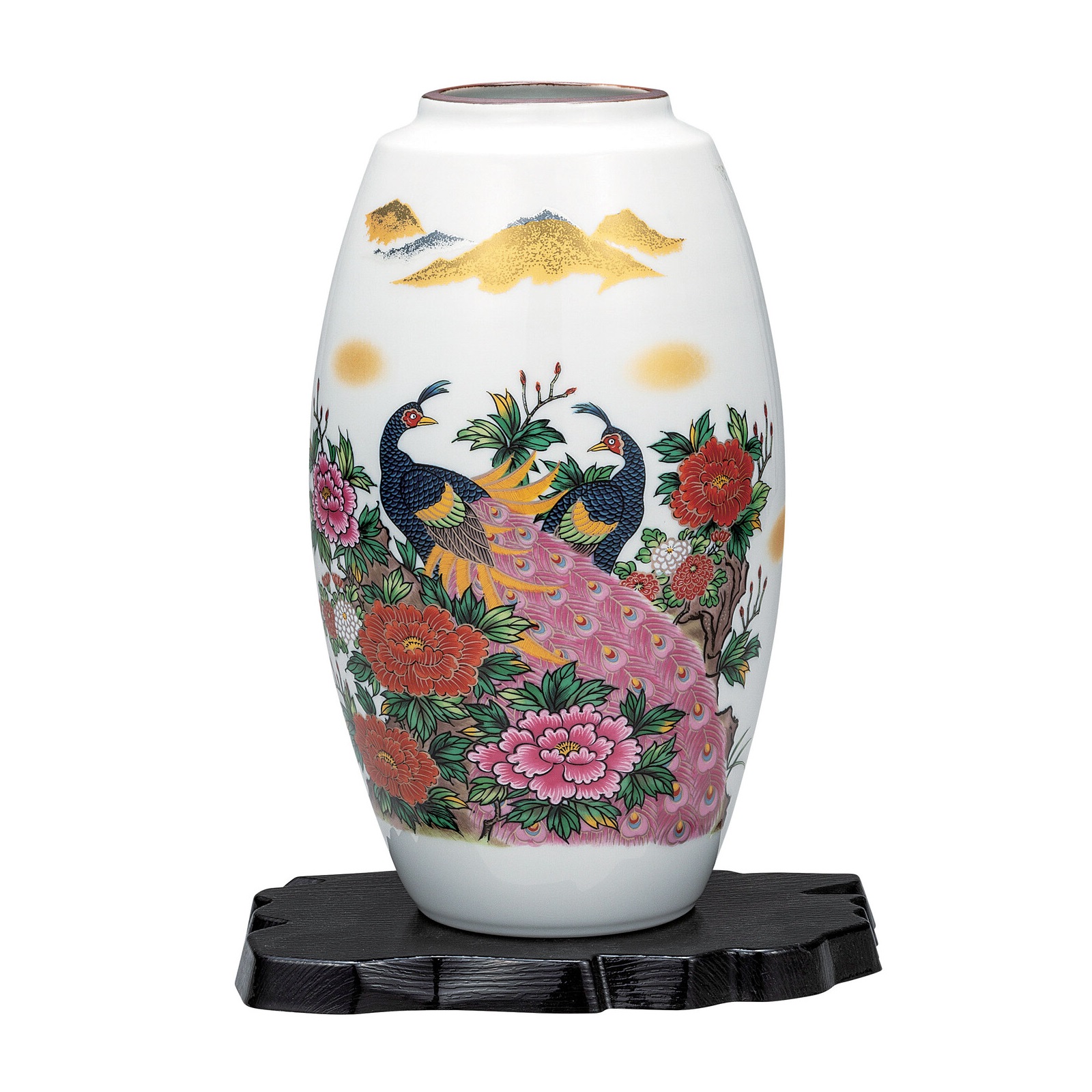 日本の伝統工芸品【九谷焼】9号花瓶 色牡丹孔雀 台付