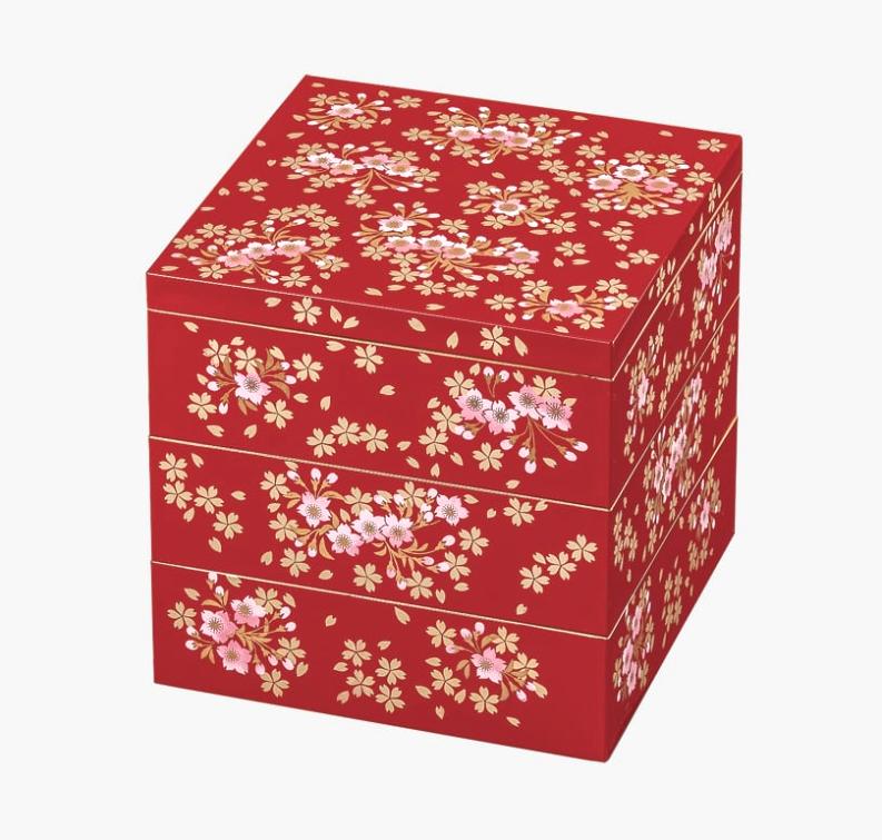 山中塗師細工 山中塗 5.0三段重 桜づくし 5寸 朱/溜