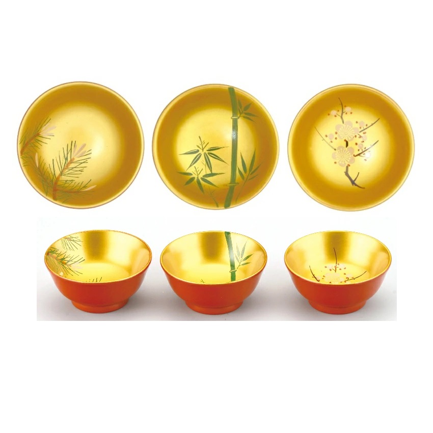 会津漆器・会津塗 金地 1.8 小盃 3P 松竹梅 （手描）