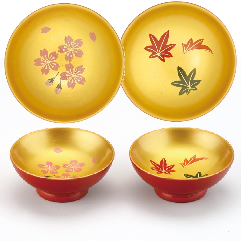 会津漆器・会津塗 朱内金地 2.2 小盃ペア (2P) 春秋(手描)