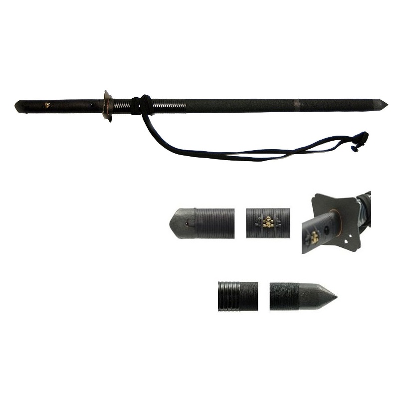模造忍者刀　零型 全長：107cm 刃渡：70.0cm 柄長：26.0cm 総重量：1,290g 鞘払い　970g 鞘：籐千段/糸巻地黒漆切返塗 　※胴輪一個、口金、鐺付 刀身：真鍮製樋入無反刀身（薄刃仕上） 刃紋：直刃刃紋 　 鍔：鉄地隅切型槌目地鍔 65,450円