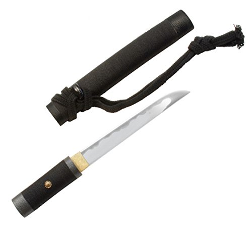 模造刀剣 長寿斎綱俊　総糸巻短刀拵 全長　37.5cm 刃渡　22.5cm 　柄長10.7cm 総重量　380g 刀身： 硬質合金製　平造短刀刀身 刃紋： 長運斎是俊写 刃紋 柄： 総糸巻合口拵｜虹八-Kohya-