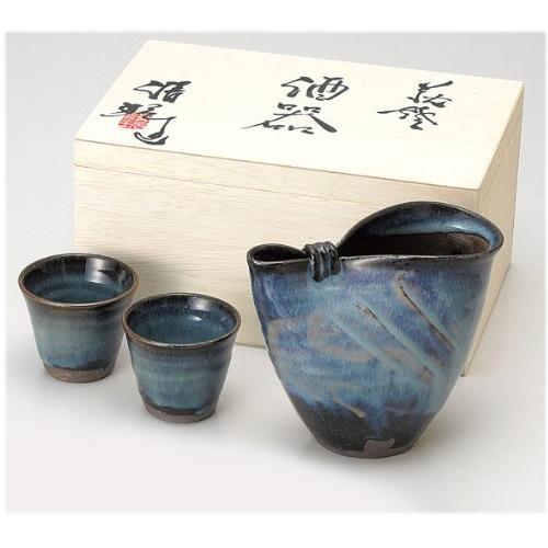 萩焼 山根清玩 青萩 冷酒器揃 大きさ：徳利 約550ml 径14 × 8 × 12.5 盃 約120ml 径 7 × 6.5珊