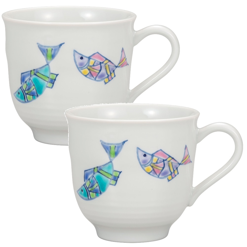 日本の言い慣わし芸術品【九谷焼】コップ 魚紋（2客組）