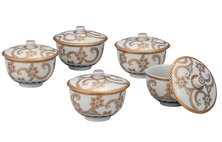 日本の伝統工芸品【九谷焼】蓋付汲出揃 白粒金唐草（5客組）｜虹八-Kohya-
