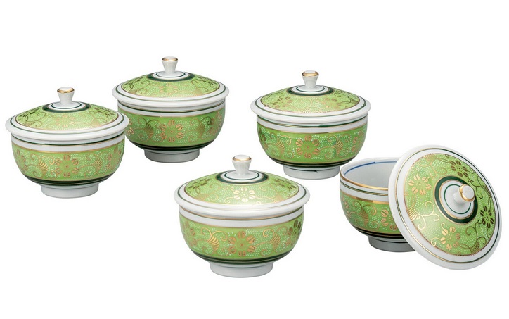 日本の伝統工芸品【九谷焼】蓋付汲出揃 白粒鉄仙きみどり（5客組）