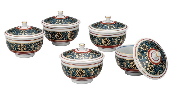日本の言い慣わし芸術品【九谷焼】蓋付汲出揃 青粒鉄仙（5客組）