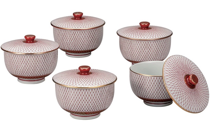 日本の伝統工芸品【九谷焼】蓋付汲出揃 赤網（5客組）｜虹八-Kohya-
