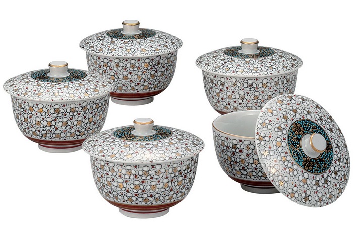 日本の言い慣わし芸術品【九谷焼】蓋付汲出揃 梅詰（5客組）