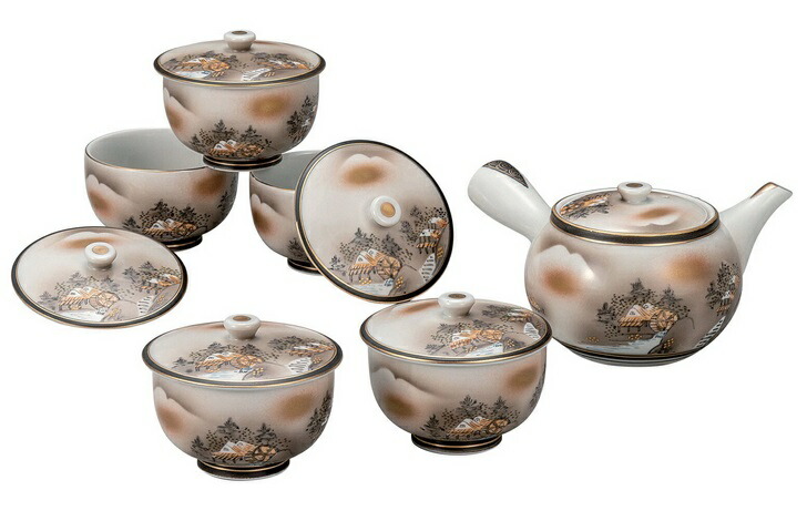 日本の伝統工芸品【九谷焼】蓋付茶器 墨山水 九谷焼の急須と蓋付き汲出碗5つをセットにしたものです。