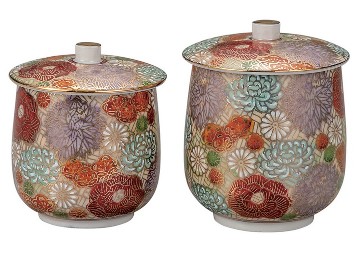 日本の伝統工芸品【九谷焼】蓋付組湯呑 花詰