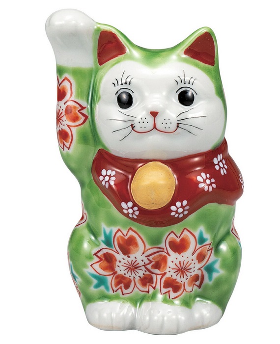 日本の伝統工芸品【九谷焼】4号招き猫 グリーン釉桜