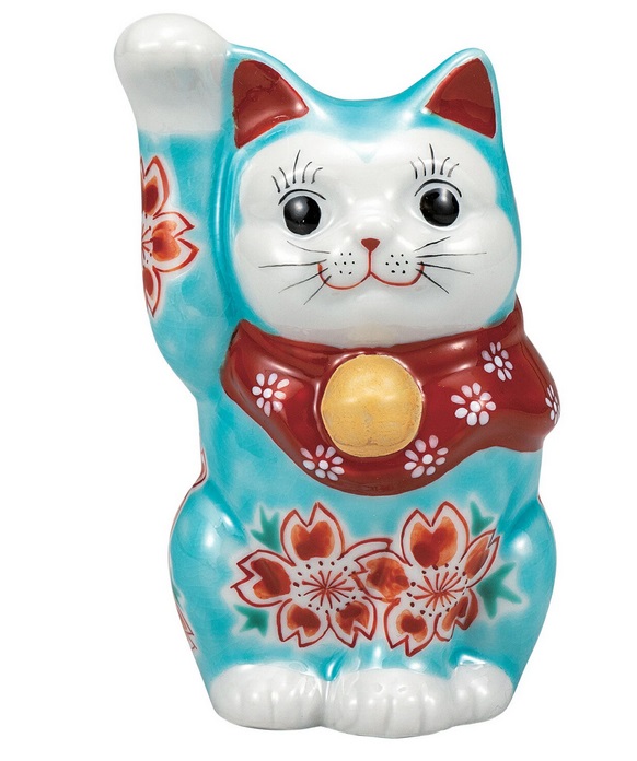 日本の伝統工芸品【九谷焼】4号招き猫 トルコブルー釉桜