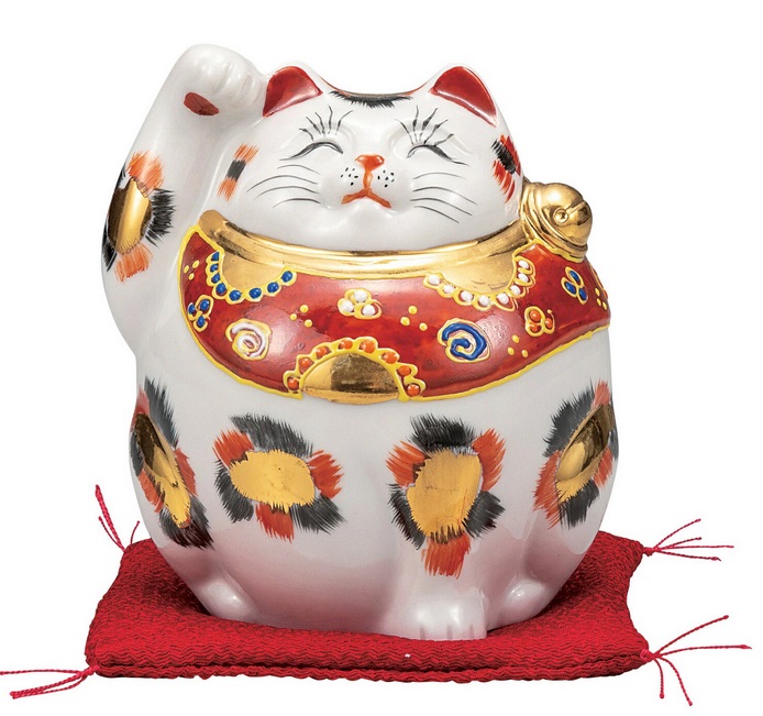 日本の伝統工芸品【九谷焼】4号招き猫 金三毛 布団付