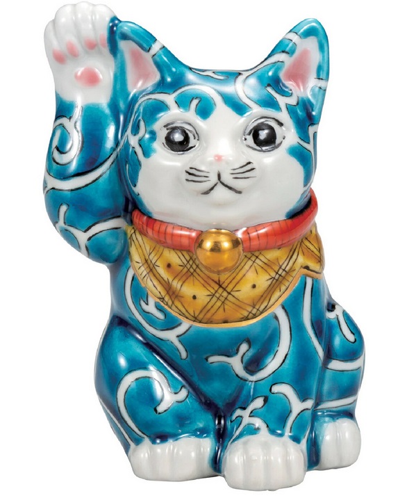日本の伝統工芸品【九谷焼】4号招き猫 色絵唐草 佐藤剛志