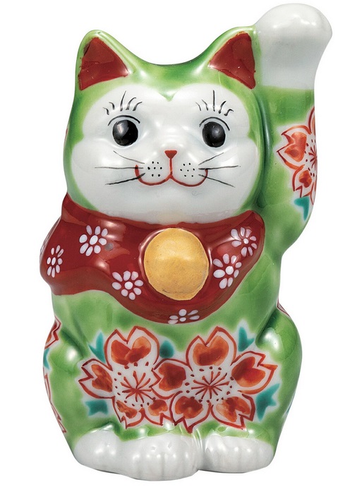 日本の言い慣わし作物品【九谷焼】3.3号招き猫 緑であること釉桜
