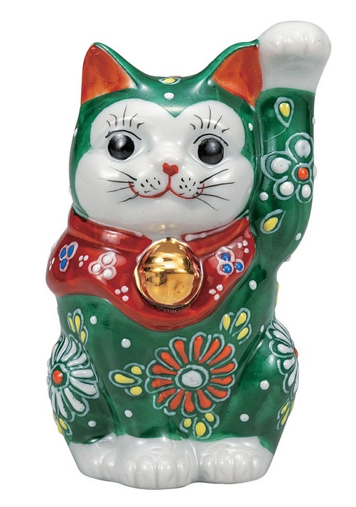 日本の伝統工芸品【九谷焼】2.8号招き猫 緑盛|虹八-Kohya-