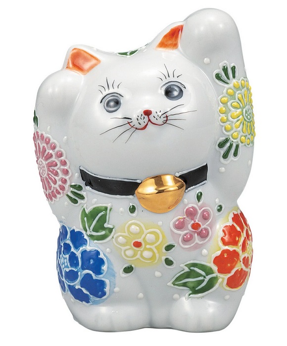 日本の伝統工芸品【九谷焼】4号両手招き猫 花の舞|虹八-Kohya-