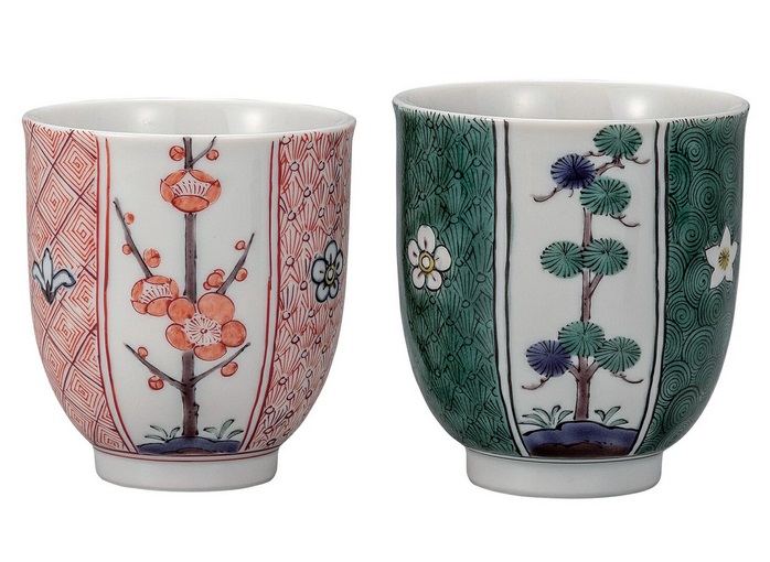 日本の伝統工芸品【九谷焼】組湯呑 割取松竹梅 銀泉窯｜虹八-Kohya-