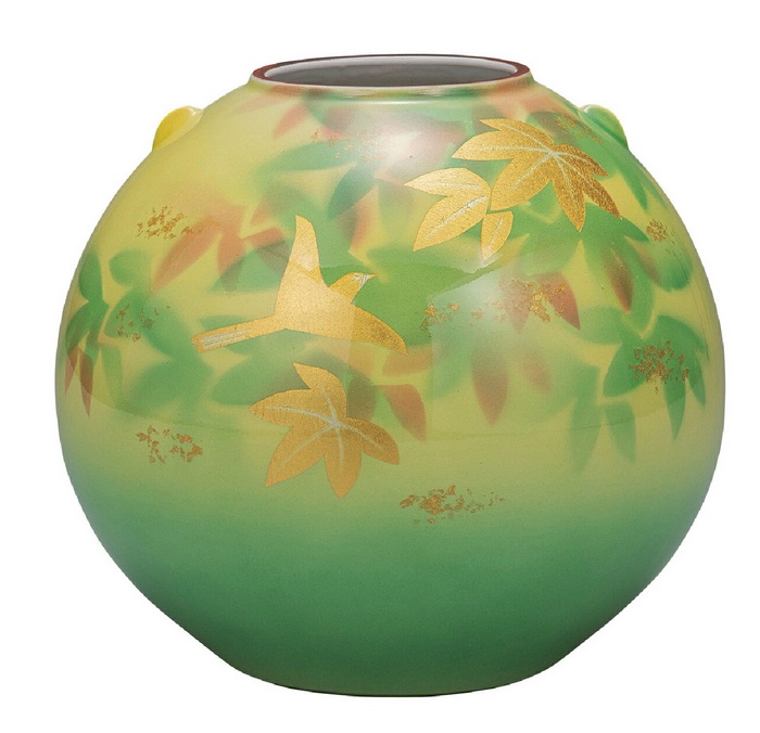 日本の言い慣わし芸術品【九谷焼】7号花立て 金箔楓花鳥 山田登陽志