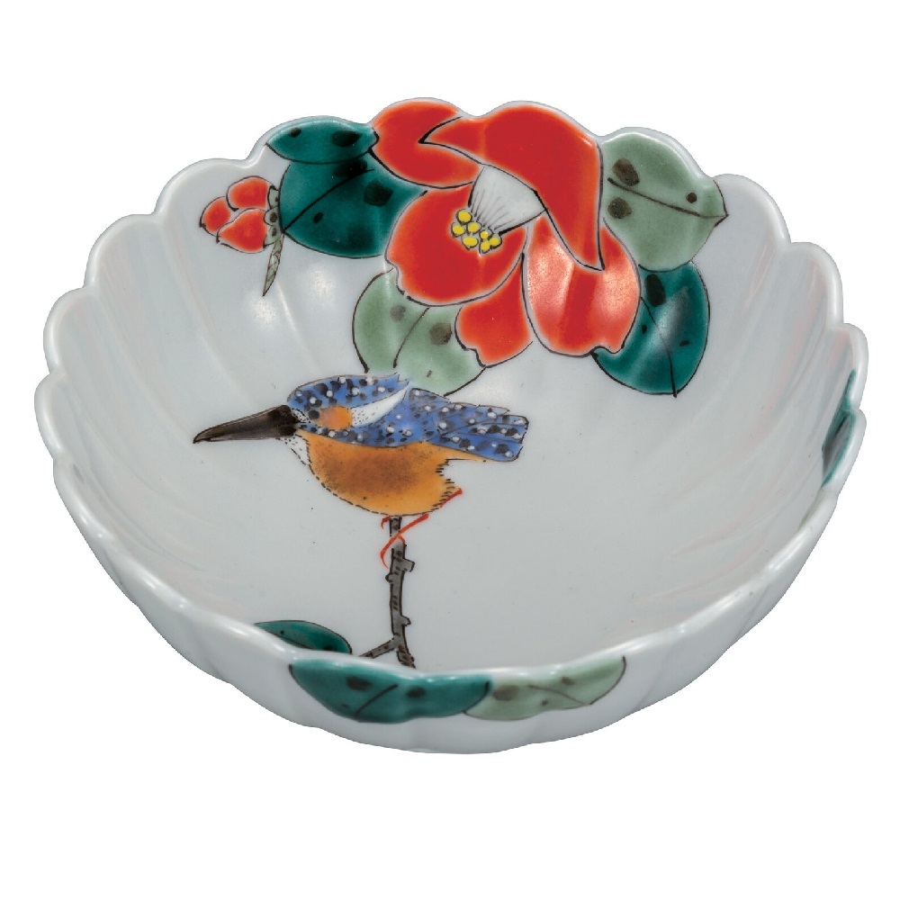日本の言い慣わし芸術品【九谷焼】5.2号鉢 椿に翡翆 福田良則