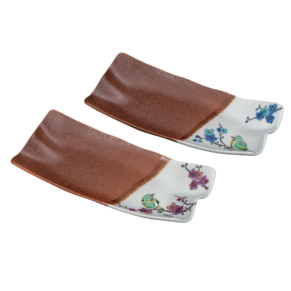 日本の伝統工芸品【九谷焼】9号ペア長皿 めじろに梅｜虹八-Kohya-