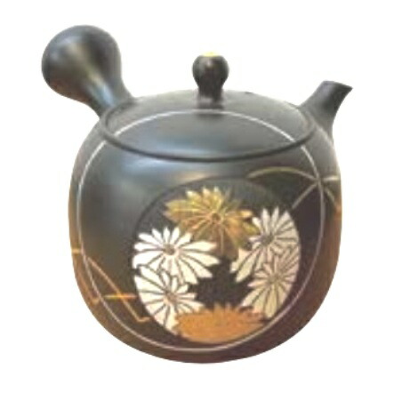 常滑焼急須 宗則　陶茶こし　黒窯変 菊彫　木箱入　約200ml