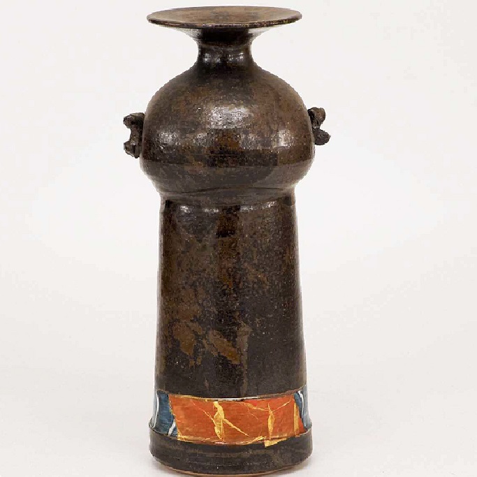 日本の言い慣わし芸術品【九谷焼】8号つる首 灰釉象嵌小紋 新田邦彦