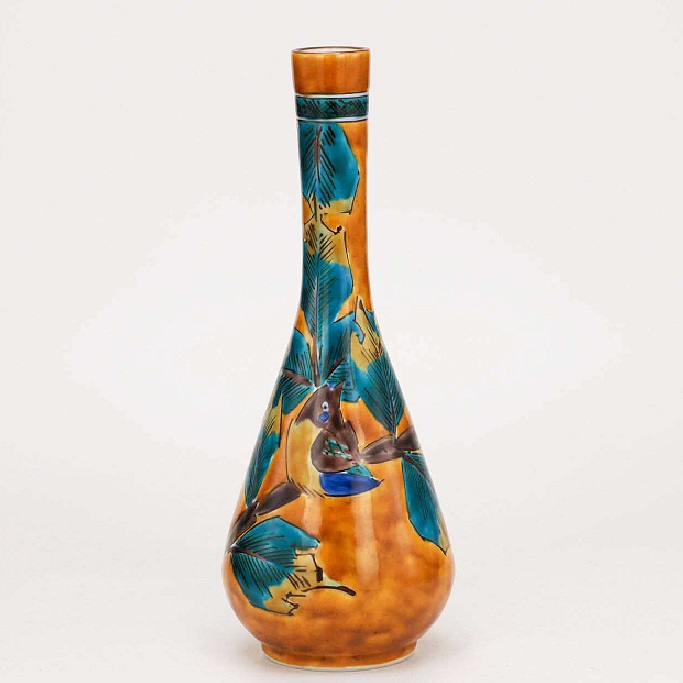 日本の言い慣わし芸術品【九谷焼】つる首花立て 黄釉鳥文 松浦慎弥