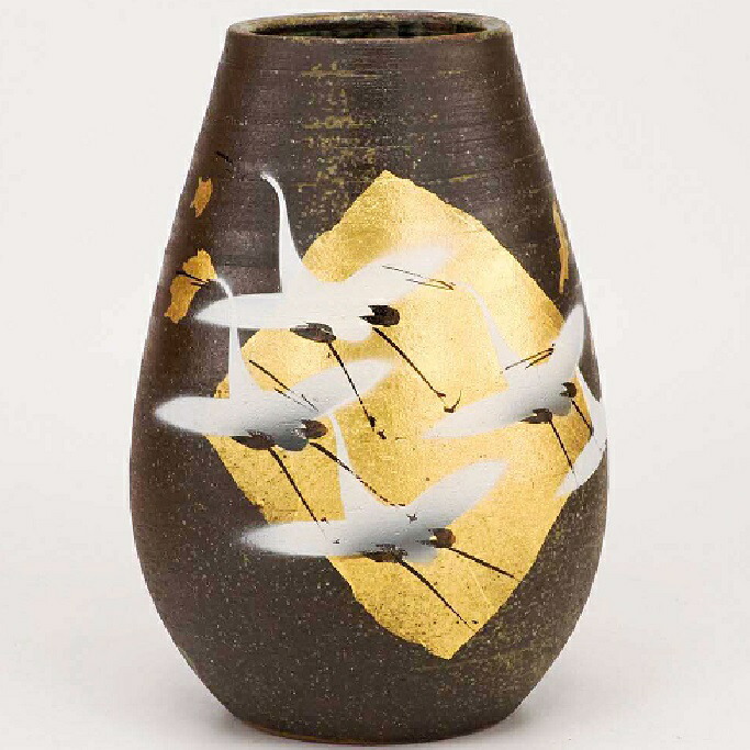 日本の言い慣わし芸術品【九谷焼】8号ナツメ花立て 金箔群鶴
