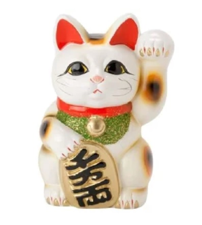 常滑焼 招き猫　梅月 白小判猫（左手）6号高さ：19cm｜虹八-Kohya-