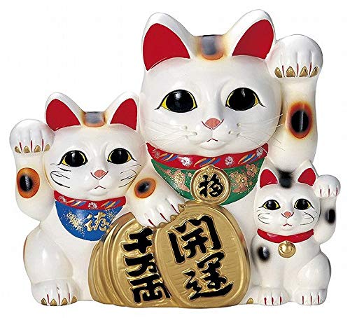 常滑焼 招き猫　梅月 三匹猫　白　10号　高さ：33cm