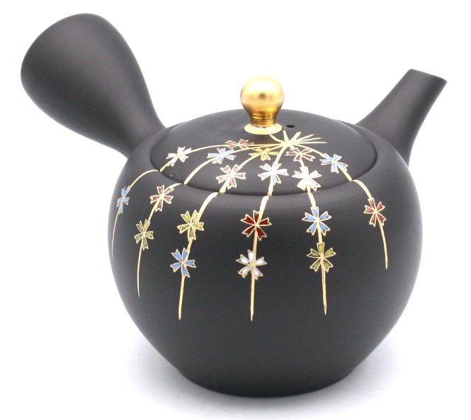 常滑焼　黒泥枝垂れ小花急須　セラメッシュ（陶製茶こし）急須 昭萠窯　300ml