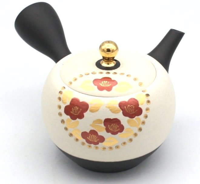 常滑焼　セラメッシュ（陶製茶こし）急須　黒泥白金赤椿急須 昭萠窯　約300ml